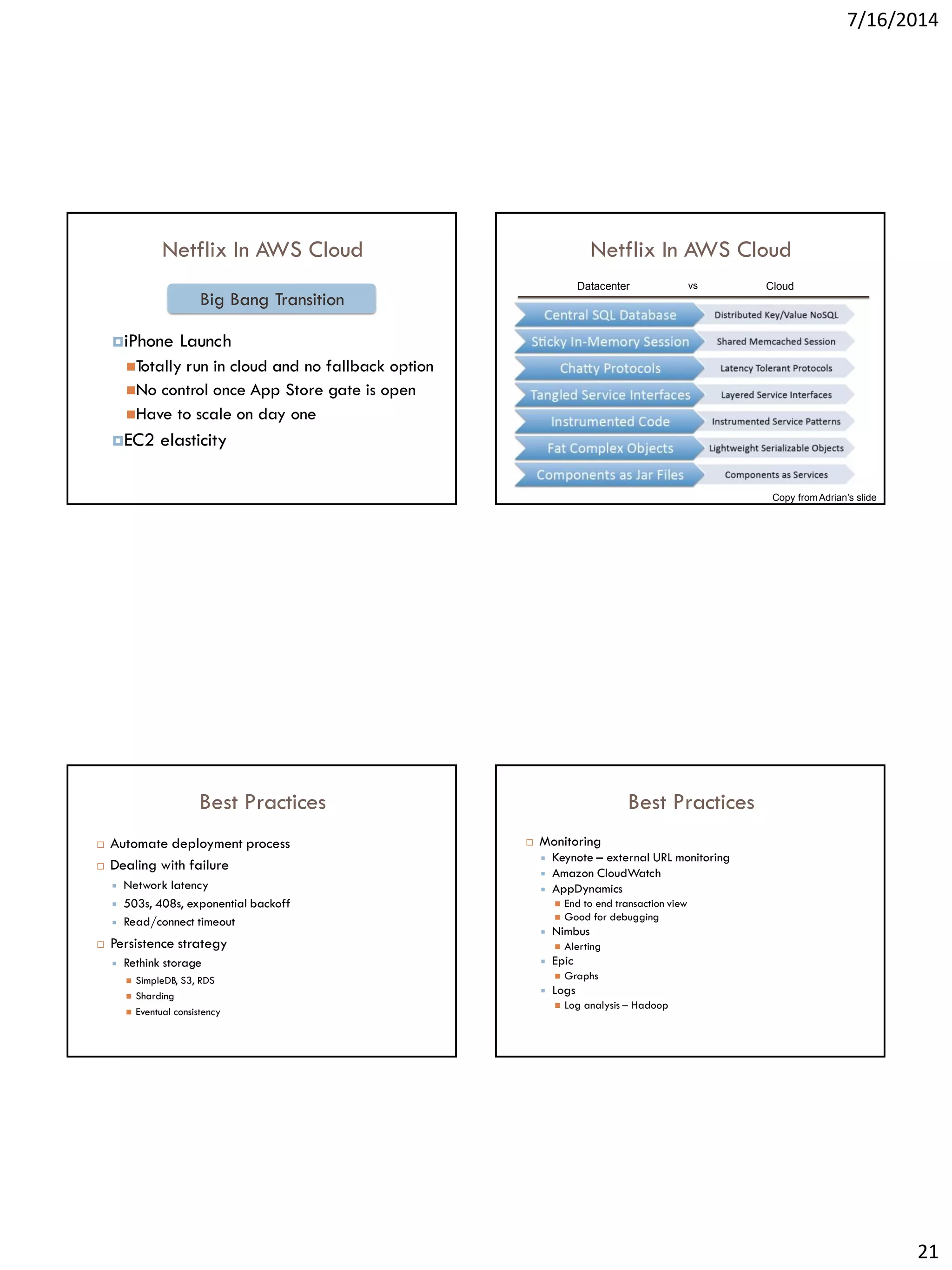 7/16/2014
21
Netflix In AWS Cloud
Big Bang Transition
iPhone Launch
Totally run in cloud and no fallback option
No control once App Store gate is open
Have to scale on day one
EC2 elasticity
Netflix In AWS Cloud
Datacenter Cloudvs
Copy fromAdrian’s slide
Best Practices
 Automate deployment process
 Dealing with failure
 Network latency
 503s, 408s, exponential backoff
 Read/connect timeout
 Persistence strategy
 Rethink storage
 SimpleDB, S3, RDS
 Sharding
 Eventual consistency
Best Practices
 Monitoring
 Keynote – external URL monitoring
 Amazon CloudWatch
 AppDynamics
 End to end transaction view
 Good for debugging
 Nimbus
 Alerting
 Epic
 Graphs
 Logs
 Log analysis – Hadoop
 