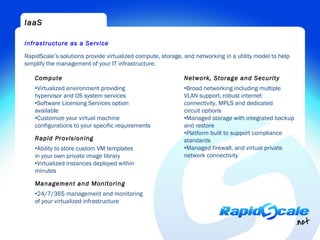 IaaS

Infrastructure as a Service

RapidScale’s solutions provide virtualized compute, storage, and networking in a utility model to help
simplify the management of your IT infrastructure.

    Compute                                                  Network, Storage and Security
    •Virtualized environment providing                       •Broad networking including multiple
    hypervisor and OS system services                        VLAN support, robust internet
    •Software Licensing Services option                      connectivity, MPLS and dedicated
    available                                                circuit options
    •Customize your virtual machine                          •Managed storage with integrated backup
    configurations to your specific requirements             and restore
                                                             •Platform built to support compliance
    Rapid Provisioning                                       standards
    •Ability to store custom VM templates                    •Managed firewall, and virtual private
    in your own private image library                        network connectivity
    •Virtualized instances deployed within
    minutes

    Management and Monitoring
    •24/7/365 management and monitoring
    of your virtualized infrastructure
 