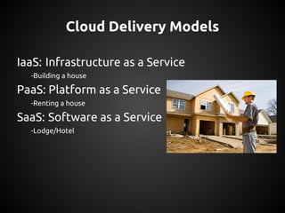 Cloud Delivery Models
IaaS: Infrastructure as a Service
-Building a house
PaaS: Platform as a Service
-Renting a house
SaaS: Software as a Service
-Lodge/Hotel
 