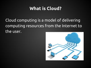 What is Cloud?
Cloud computing is a model of delivering
computing resources from the Internet to
the user.
 