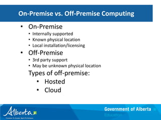 On-Premise vs. Off-Premise Computing
• On-Premise
   • Internally supported
   • Known physical location
   • Local installation/licensing
• Off-Premise
   • 3rd party support
   • May be unknown physical location
   Types of off-premise:
     • Hosted
     • Cloud
 