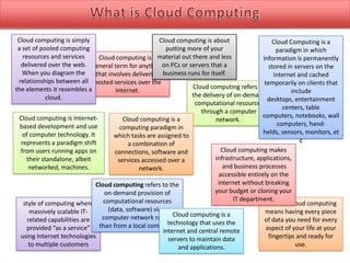 Cloud computing is simply
Cloud computing is about
Cloud Computing is a
a set of pooled computing
putting more of your
paradigm in which
resources and services
Cloud computing is a material out there and less
information is permanently
delivered over the web. general term for anythingon PCs or servers that a
stored in servers on the
When you diagram the
business runs for itself.
that involves delivering
internet and cached
relationships between all hosted services over the
temporarily on clients that
Cloud computing refers to
the elements it resembles a
Internet.
include
the delivery of on-demand
cloud.
desktops, entertainment
computational resources
centers, table
through a computer
computers, notebooks, wall
Cloud computing is InternetCloud computing is a
network.
computers, handbased development and use
computing paradigm in
helds, sensors, monitors, et
of computer technology. It
which tasks are assigned to
c
represents a paradigm shift
a combination of
Cloud computing makes
from users running apps on
connections, software and
infrastructure, applications,
their standalone, albeit
services accessed over a
and business processes
networked, machines.
network.
accessible entirely on the
internet without breaking
Cloud computing refers to the
your budget or cloning your
on-demand provision of
IT department.
style of computing where computational resources
Personal cloud computing
(data, software) via a
massively scalable ITmeans having every piece
computer network rather Cloud computing is a
related capabilities are
of data you need for every
technology that uses the
than from a local computer.
provided “as a service”
aspect of your life at your
internet and central remote
using Internet technologies
fingertips and ready for
servers to maintain data
to multiple customers
use.
and applications.

 