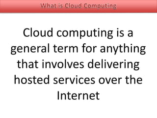 Cloud computing is a
general term for anything
that involves delivering
hosted services over the
Internet

 