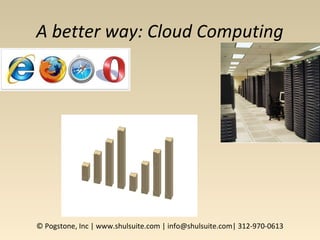 A better way: Cloud Computing
© Pogstone, Inc | www.shulsuite.com | info@shulsuite.com| 312-970-0613
 