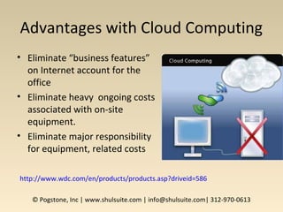 Advantages with Cloud Computing
• Eliminate “business features”
on Internet account for the
office
• Eliminate heavy ongoing costs
associated with on-site
equipment.
• Eliminate major responsibility
for equipment, related costs
© Pogstone, Inc | www.shulsuite.com | info@shulsuite.com| 312-970-0613
http://www.wdc.com/en/products/products.asp?driveid=586
 