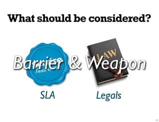 What should be considered?



Barrier & Weapon
     SLA        Legals
 