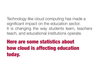 Here are some statistics about
how cloud is affecting education
today.
Technology like cloud computing has made a
significant impact on the education sector.
It is changing the way students learn, teachers
teach, and educational institutions operate.
 