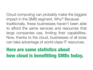 Here are some statistics about cloud
for SMBs today.
Cloud computing can probably make the biggest
impact in the SMB segment. Why? Because
traditionally, these businesses haven’t been able
to afford the same services and resources that
large companies use, limiting their capabilities.
Now, thanks to the cloud, businesses of all sizes
can take advantage of world-class IT resources.