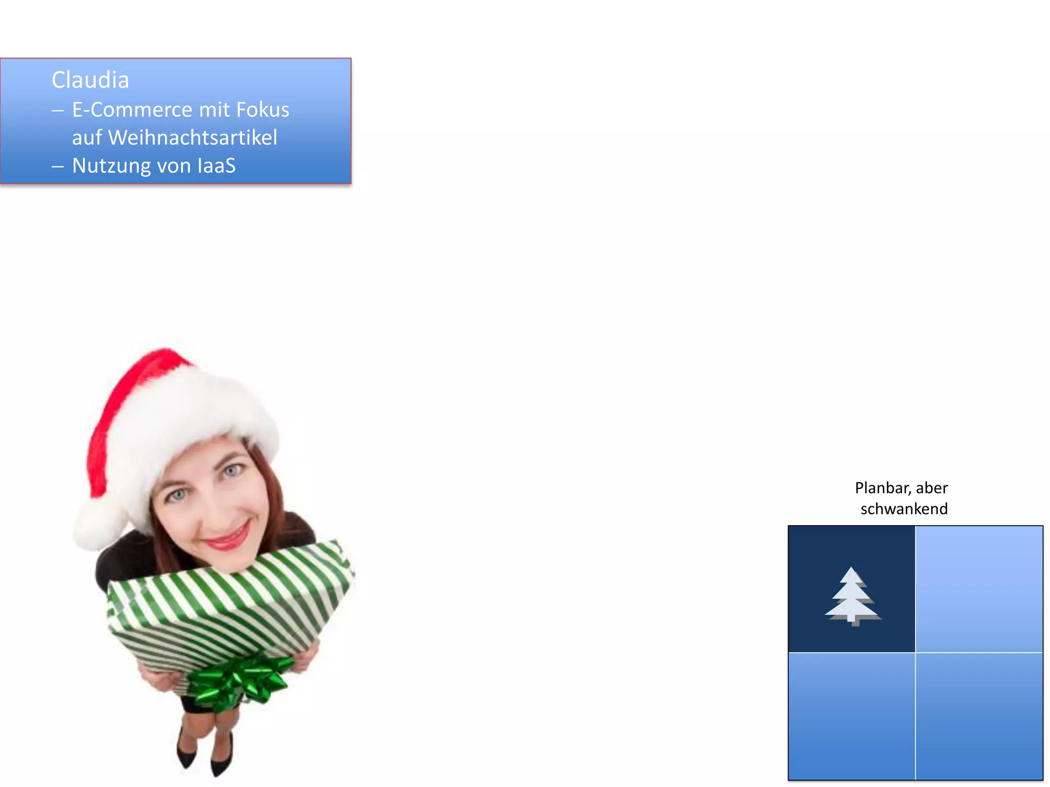 Claudia
 E-Commerce mit Fokus
auf Weihnachtsartikel
 Nutzung von IaaS
Planbar, aber
schwankend
 