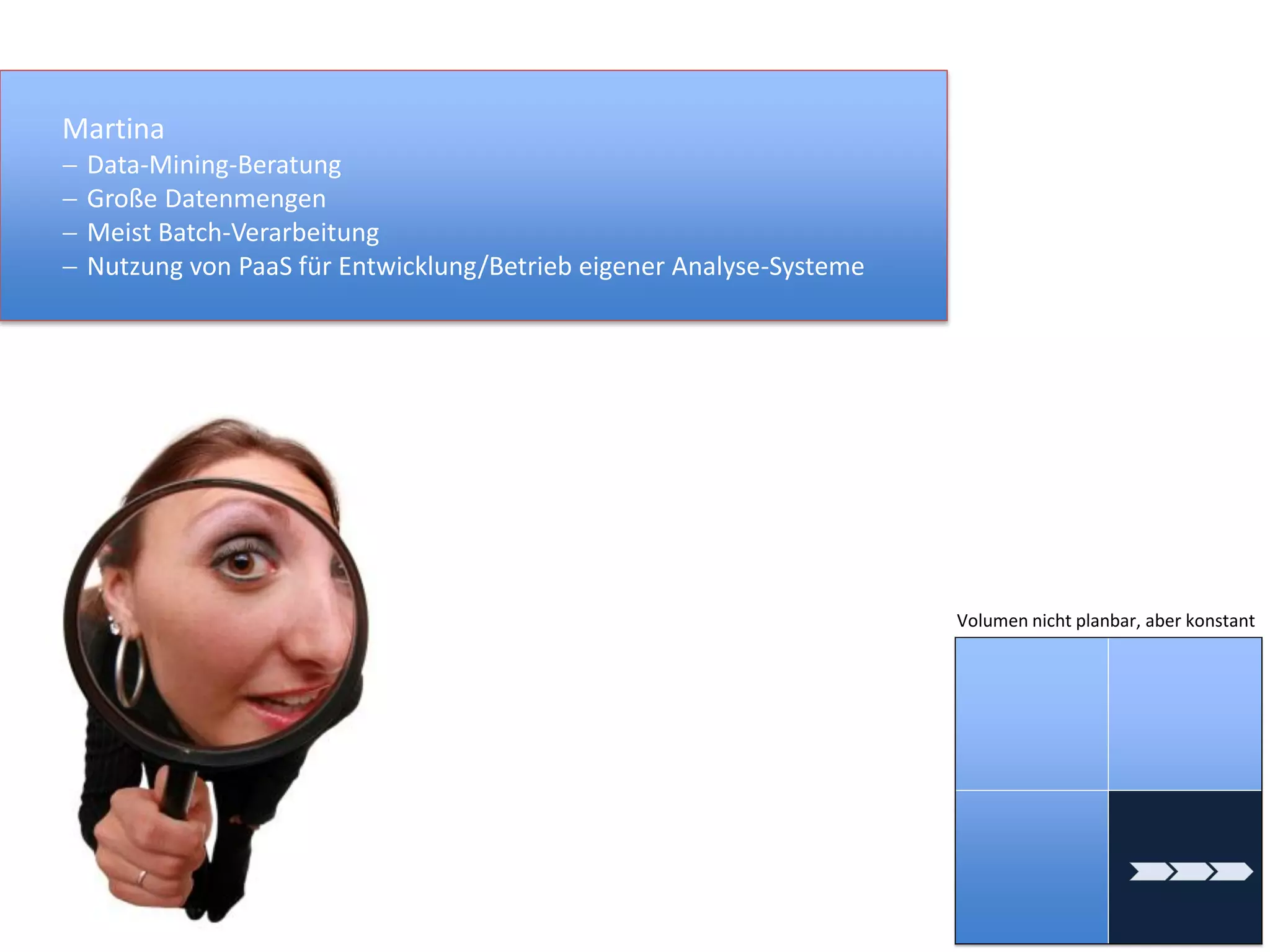 Martina
 Data-Mining-Beratung
 Große Datenmengen
 Meist Batch-Verarbeitung
 Nutzung von PaaS für Entwicklung/Betrieb eigener Analyse-Systeme
Volumen nicht planbar, aber konstant
 