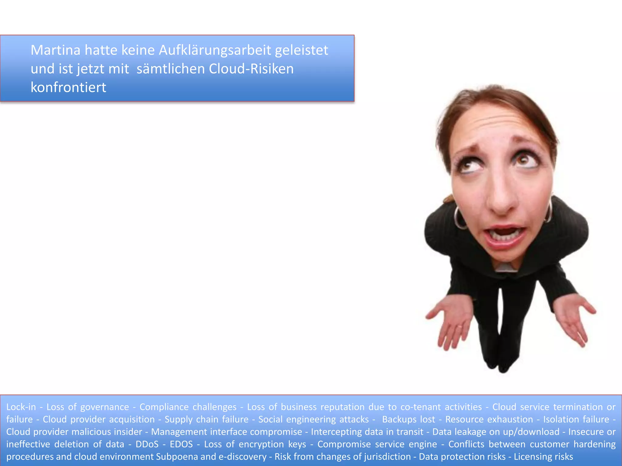 Martina hatte keine Aufklärungsarbeit geleistet
und ist jetzt mit sämtlichen Cloud-Risiken
konfrontiert
Lock-in - Loss of governance - Compliance challenges - Loss of business reputation due to co-tenant activities - Cloud service termination or
failure - Cloud provider acquisition - Supply chain failure - Social engineering attacks - Backups lost - Resource exhaustion - Isolation failure -
Cloud provider malicious insider - Management interface compromise - Intercepting data in transit - Data leakage on up/download - Insecure or
ineffective deletion of data - DDoS - EDOS - Loss of encryption keys - Compromise service engine - Conflicts between customer hardening
procedures and cloud environment Subpoena and e-discovery - Risk from changes of jurisdiction - Data protection risks - Licensing risks
 