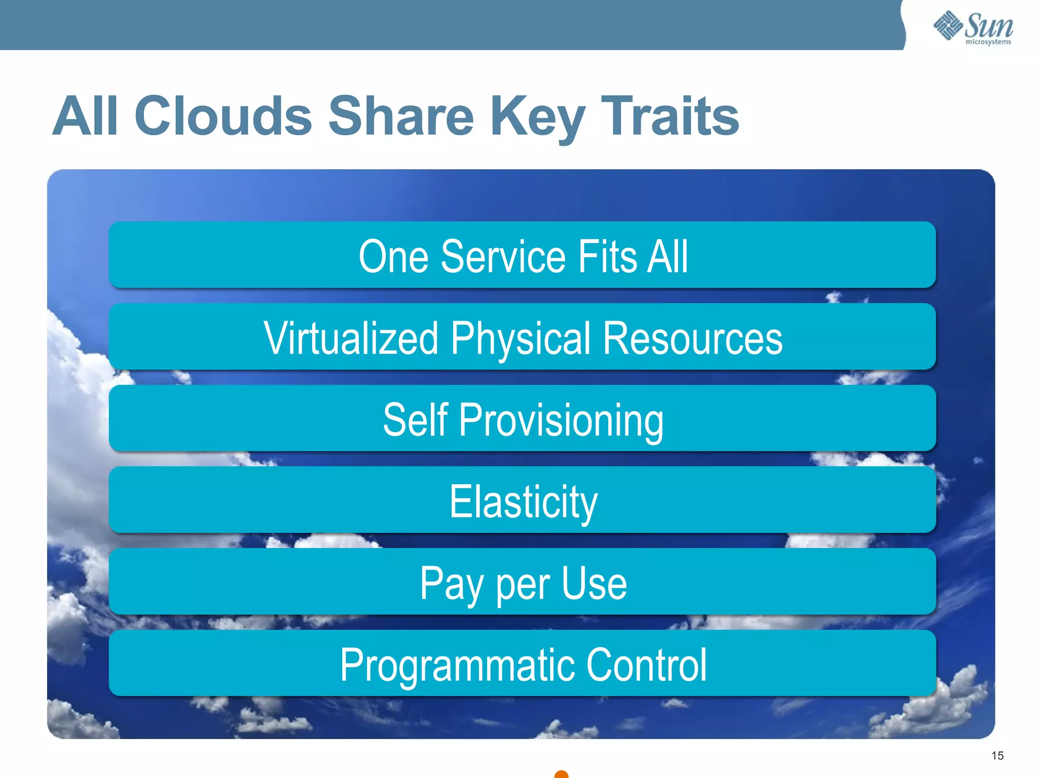Faster time-to-market Reduction of custom software Pay only for what you use Grow infrastructure with business All Clouds Share Key Traits One Service Fits All Virtualized Physical Resources Self Provisioning Elasticity Pay per Use Programmatic Control 