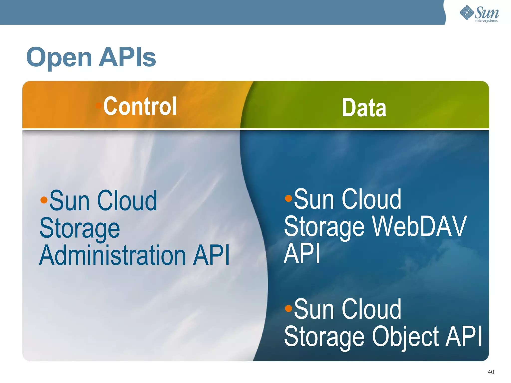 Sun Cloud Storage WebDAV API   Sun Cloud Storage Object API Open APIs Control  Sun Cloud Storage Administration API Data 