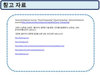 참고 자료 Korea Architecture Journal, “Cloud Computing,” Cloud Computing – Korea Architecture Journal (http://www.architecturejournal.org/wiki/Cloud_Computing)민옥기, 김학영, 남궁한. “클라우드 컴퓨팅 기술 동향,” 전자통신동향분석, 24권4호,  대전 : 한국전자통신연구, 2009.8.15.성현희. 클라우드 컴퓨팅 궁금증 10문 10답. 전자신문. 2009.12.6자http://devhong.comhttp://cooolguy.nethttp://blogs.msdn.com/eva/archive/tags/Cloud+Computing/default.aspxhttp://www.microsoft.com/windowsazure/http://kingcrap.com