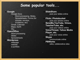 Some popular tools...
Google                            SlideShare
   Google Docs                       post your slides o...