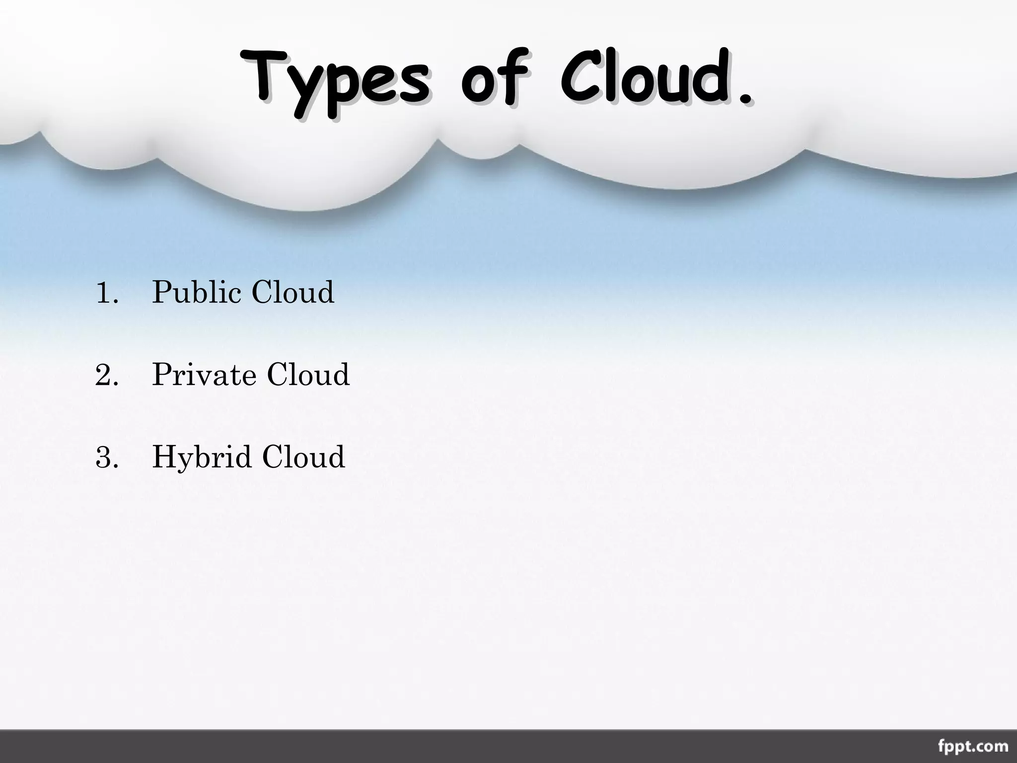Types of Cloud.Types of Cloud.
1. Public Cloud
2. Private Cloud
3. Hybrid Cloud
 