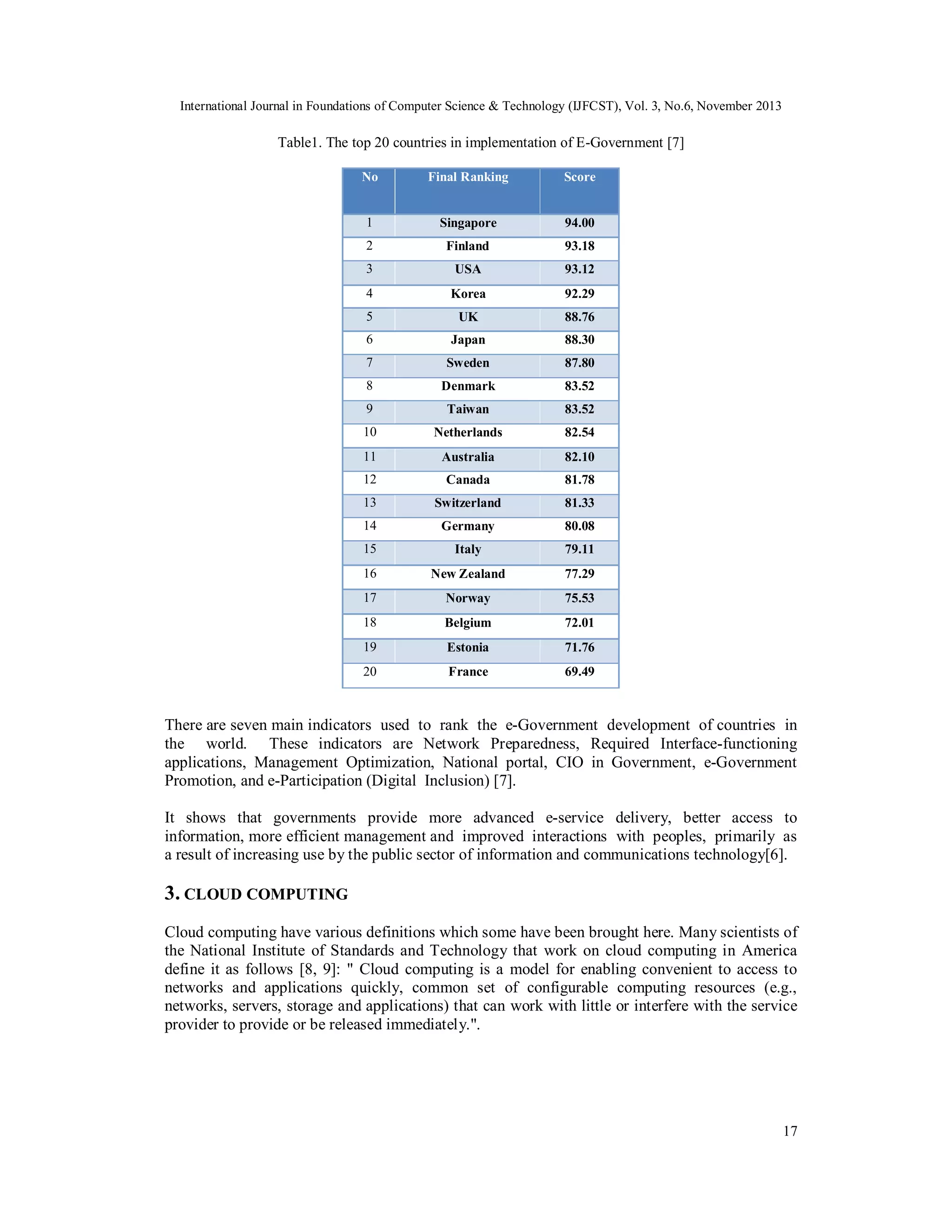 International Journal in Foundations of Computer Science & Technology (IJFCST), Vol. 3, No.6, November 2013

Table1. The top 20 countries in implementation of E-Government [7]
No

Final Ranking

Score

1

Singapore

94.00

2

Finland

93.18

3

USA

93.12

4

Korea

92.29

5

UK

88.76

6

Japan

88.30

7

Sweden

87.80

8

Denmark

83.52

9

Taiwan

83.52

10

Netherlands

82.54

11

Australia

82.10

12

Canada

81.78

13

Switzerland

81.33

14

Germany

80.08

15

Italy

79.11

16

New Zealand

77.29

17

Norway

75.53

18

Belgium

72.01

19

Estonia

71.76

20

France

69.49

There are seven main indicators used to rank the e-Government development of countries in
the world. These indicators are Network Preparedness, Required Interface-functioning
applications, Management Optimization, National portal, CIO in Government, e-Government
Promotion, and e-Participation (Digital Inclusion) [7].
It shows that governments provide more advanced e-service delivery, better access to
information, more efficient management and improved interactions with peoples, primarily as
a result of increasing use by the public sector of information and communications technology[6].

3. CLOUD COMPUTING
Cloud computing have various definitions which some have been brought here. Many scientists of
the National Institute of Standards and Technology that work on cloud computing in America
define it as follows [8, 9]: " Cloud computing is a model for enabling convenient to access to
networks and applications quickly, common set of configurable computing resources (e.g.,
networks, servers, storage and applications) that can work with little or interfere with the service
provider to provide or be released immediately.".

17

 
