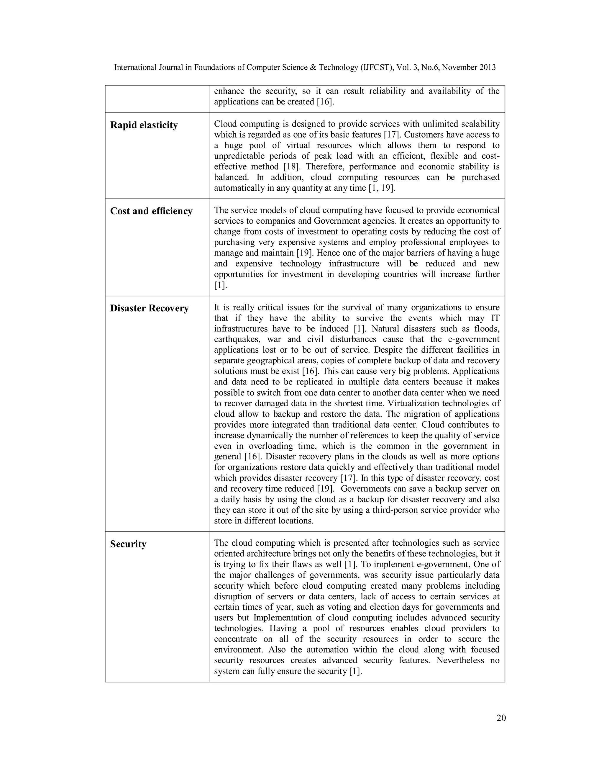 International Journal in Foundations of Computer Science & Technology (IJFCST), Vol. 3, No.6, November 2013

enhance the security, so it can result reliability and availability of the
applications can be created [16].

Rapid elasticity

Cloud computing is designed to provide services with unlimited scalability
which is regarded as one of its basic features [17]. Customers have access to
a huge pool of virtual resources which allows them to respond to
unpredictable periods of peak load with an efficient, flexible and costeffective method [18]. Therefore, performance and economic stability is
balanced. In addition, cloud computing resources can be purchased
automatically in any quantity at any time [1, 19].

Cost and efficiency

The service models of cloud computing have focused to provide economical
services to companies and Government agencies. It creates an opportunity to
change from costs of investment to operating costs by reducing the cost of
purchasing very expensive systems and employ professional employees to
manage and maintain [19]. Hence one of the major barriers of having a huge
and expensive technology infrastructure will be reduced and new
opportunities for investment in developing countries will increase further
[1].

Disaster Recovery

It is really critical issues for the survival of many organizations to ensure
that if they have the ability to survive the events which may IT
infrastructures have to be induced [1]. Natural disasters such as floods,
earthquakes, war and civil disturbances cause that the e-government
applications lost or to be out of service. Despite the different facilities in
separate geographical areas, copies of complete backup of data and recovery
solutions must be exist [16]. This can cause very big problems. Applications
and data need to be replicated in multiple data centers because it makes
possible to switch from one data center to another data center when we need
to recover damaged data in the shortest time. Virtualization technologies of
cloud allow to backup and restore the data. The migration of applications
provides more integrated than traditional data center. Cloud contributes to
increase dynamically the number of references to keep the quality of service
even in overloading time, which is the common in the government in
general [16]. Disaster recovery plans in the clouds as well as more options
for organizations restore data quickly and effectively than traditional model
which provides disaster recovery [17]. In this type of disaster recovery, cost
and recovery time reduced [19]. Governments can save a backup server on
a daily basis by using the cloud as a backup for disaster recovery and also
they can store it out of the site by using a third-person service provider who
store in different locations.

Security

The cloud computing which is presented after technologies such as service
oriented architecture brings not only the benefits of these technologies, but it
is trying to fix their flaws as well [1]. To implement e-government, One of
the major challenges of governments, was security issue particularly data
security which before cloud computing created many problems including
disruption of servers or data centers, lack of access to certain services at
certain times of year, such as voting and election days for governments and
users but Implementation of cloud computing includes advanced security
technologies. Having a pool of resources enables cloud providers to
concentrate on all of the security resources in order to secure the
environment. Also the automation within the cloud along with focused
security resources creates advanced security features. Nevertheless no
system can fully ensure the security [1].

20

 