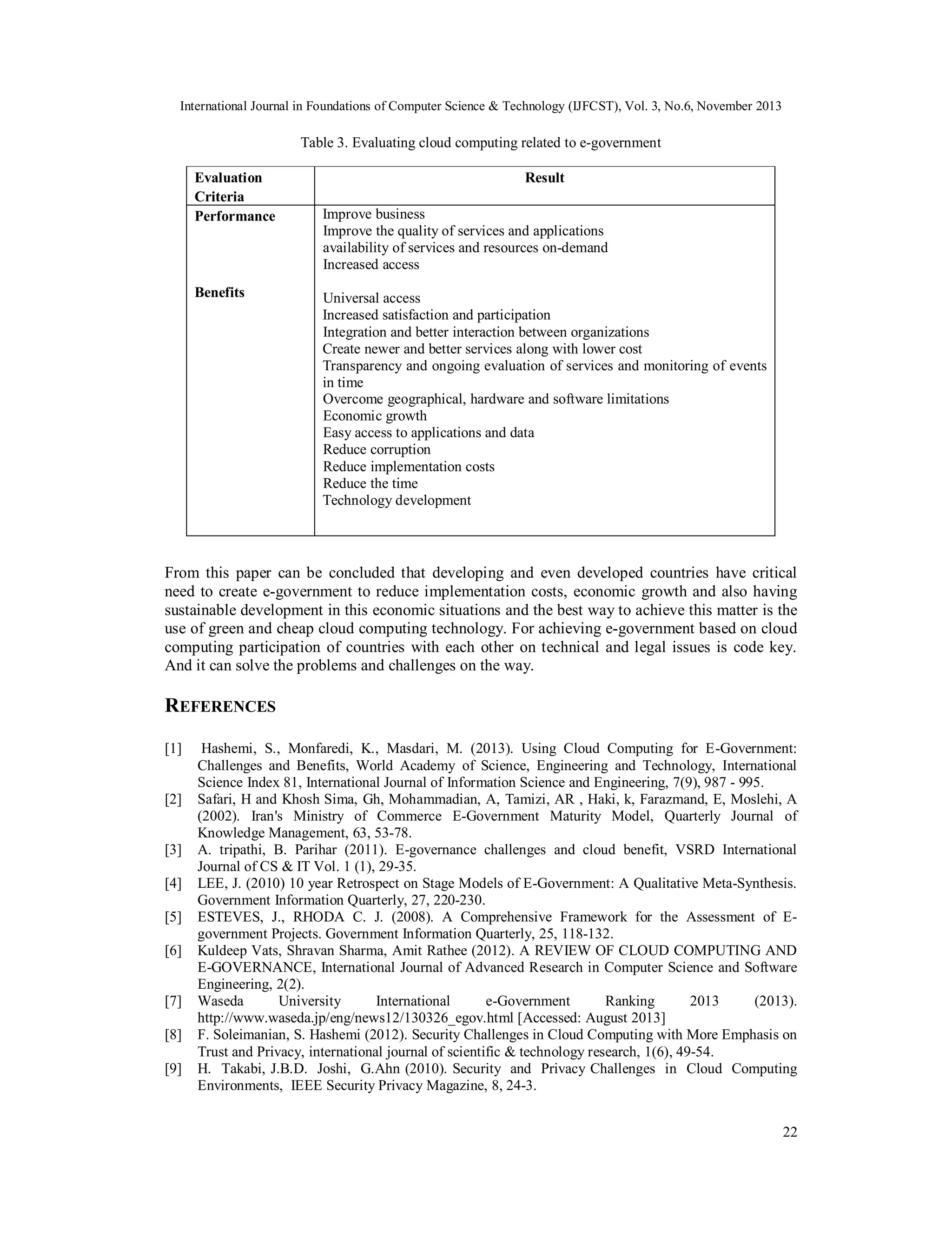 International Journal in Foundations of Computer Science & Technology (IJFCST), Vol. 3, No.6, November 2013

Table 3. Evaluating cloud computing related to e-government
Evaluation
Criteria
Performance

Benefits

Result
Improve business
Improve the quality of services and applications
availability of services and resources on-demand
Increased access
Universal access
Increased satisfaction and participation
Integration and better interaction between organizations
Create newer and better services along with lower cost
Transparency and ongoing evaluation of services and monitoring of events
in time
Overcome geographical, hardware and software limitations
Economic growth
Easy access to applications and data
Reduce corruption
Reduce implementation costs
Reduce the time
Technology development

From this paper can be concluded that developing and even developed countries have critical
need to create e-government to reduce implementation costs, economic growth and also having
sustainable development in this economic situations and the best way to achieve this matter is the
use of green and cheap cloud computing technology. For achieving e-government based on cloud
computing participation of countries with each other on technical and legal issues is code key.
And it can solve the problems and challenges on the way.

REFERENCES
[1]

[2]

[3]
[4]
[5]
[6]

[7]
[8]
[9]

Hashemi, S., Monfaredi, K., Masdari, M. (2013). Using Cloud Computing for E-Government:
Challenges and Benefits, World Academy of Science, Engineering and Technology, International
Science Index 81, International Journal of Information Science and Engineering, 7(9), 987 - 995.
Safari, H and Khosh Sima, Gh, Mohammadian, A, Tamizi, AR , Haki, k, Farazmand, E, Moslehi, A
(2002). Iran's Ministry of Commerce E-Government Maturity Model, Quarterly Journal of
Knowledge Management, 63, 53-78.
A. tripathi, B. Parihar (2011). E-governance challenges and cloud benefit, VSRD International
Journal of CS & IT Vol. 1 (1), 29-35.
LEE, J. (2010) 10 year Retrospect on Stage Models of E-Government: A Qualitative Meta-Synthesis.
Government Information Quarterly, 27, 220-230.
ESTEVES, J., RHODA C. J. (2008). A Comprehensive Framework for the Assessment of Egovernment Projects. Government Information Quarterly, 25, 118-132.
Kuldeep Vats, Shravan Sharma, Amit Rathee (2012). A REVIEW OF CLOUD COMPUTING AND
E-GOVERNANCE, International Journal of Advanced Research in Computer Science and Software
Engineering, 2(2).
Waseda
University
International
e-Government
Ranking
2013
(2013).
http://www.waseda.jp/eng/news12/130326_egov.html [Accessed: August 2013]
F. Soleimanian, S. Hashemi (2012). Security Challenges in Cloud Computing with More Emphasis on
Trust and Privacy, international journal of scientific & technology research, 1(6), 49-54.
H. Takabi, J.B.D. Joshi, G.Ahn (2010). Security and Privacy Challenges in Cloud Computing
Environments, IEEE Security Privacy Magazine, 8, 24-3.
22

 
