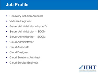 Job Profile
 Recovery Solution Architect
 VMware Engineer
 Server Administrator – Hyper V
 Server Administrator – SCCM
 Server Administrator – SCOM
 Cloud Administrator
 Cloud Associate
 Cloud Designer
 Cloud Solutions Architect
 Cloud Service Engineer
 