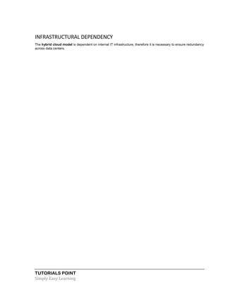 TUTORIALS POINT
Simply Easy Learning
INFRASTRUCTURAL DEPENDENCY
The hybrid cloud model is dependent on internal IT infrastructure, therefore it is necessary to ensure redundancy
across data centers.
 