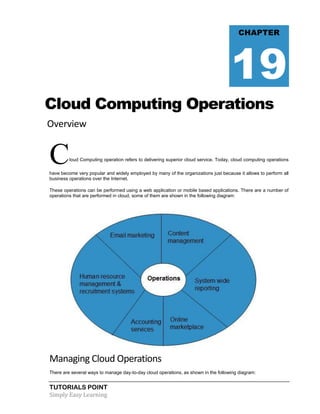 TUTORIALS POINT
Simply Easy Learning
Cloud Computing Operations
Overview
Cloud Computing operation refers to delivering superior cloud service. Today, cloud computing operations
have become very popular and widely employed by many of the organizations just because it allows to perform all
business operations over the Internet.
These operations can be performed using a web application or mobile based applications. There are a number of
operations that are performed in cloud, some of them are shown in the following diagram:
Managing Cloud Operations
There are several ways to manage day-to-day cloud operations, as shown in the following diagram:
CHAPTER
19
 