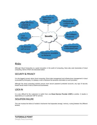 TUTORIALS POINT
Simply Easy Learning
Risks
Although Cloud Computing is a great innovation in the world of computing, there also exist downsides of cloud
computing. Some of them are discussed below:
SECURITY & PRIVACY
It is the biggest concern about cloud computing. Since data management and infrastructure management in cloud
is provided by third-party, it is always a risk to handover the sensitive information to such providers.
Although the cloud computing vendors ensure more secure password protected accounts, any sign of security
breach would result in loss of clients and businesses.
LOCK-IN
It is very difficult for the customers to switch from one Cloud Service Provider (CSP) to another. It results in
dependency on a particular CSP for service.
ISOLATION FAILURE
This risk involves the failure of isolation mechanism that separates storage, memory, routing between the different
tenants.
 
