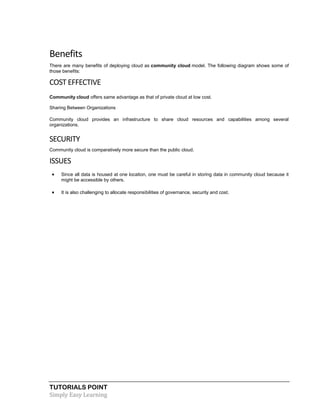 TUTORIALS POINT
Simply Easy Learning
Benefits
There are many benefits of deploying cloud as community cloud model. The following diagram shows some of
those benefits:
COST EFFECTIVE
Community cloud offers same advantage as that of private cloud at low cost.
Sharing Between Organizations
Community cloud provides an infrastructure to share cloud resources and capabilities among several
organizations.
SECURITY
Community cloud is comparatively more secure than the public cloud.
ISSUES
 Since all data is housed at one location, one must be careful in storing data in community cloud because it
might be accessible by others.
 It is also challenging to allocate responsibilities of governance, security and cost.
 
