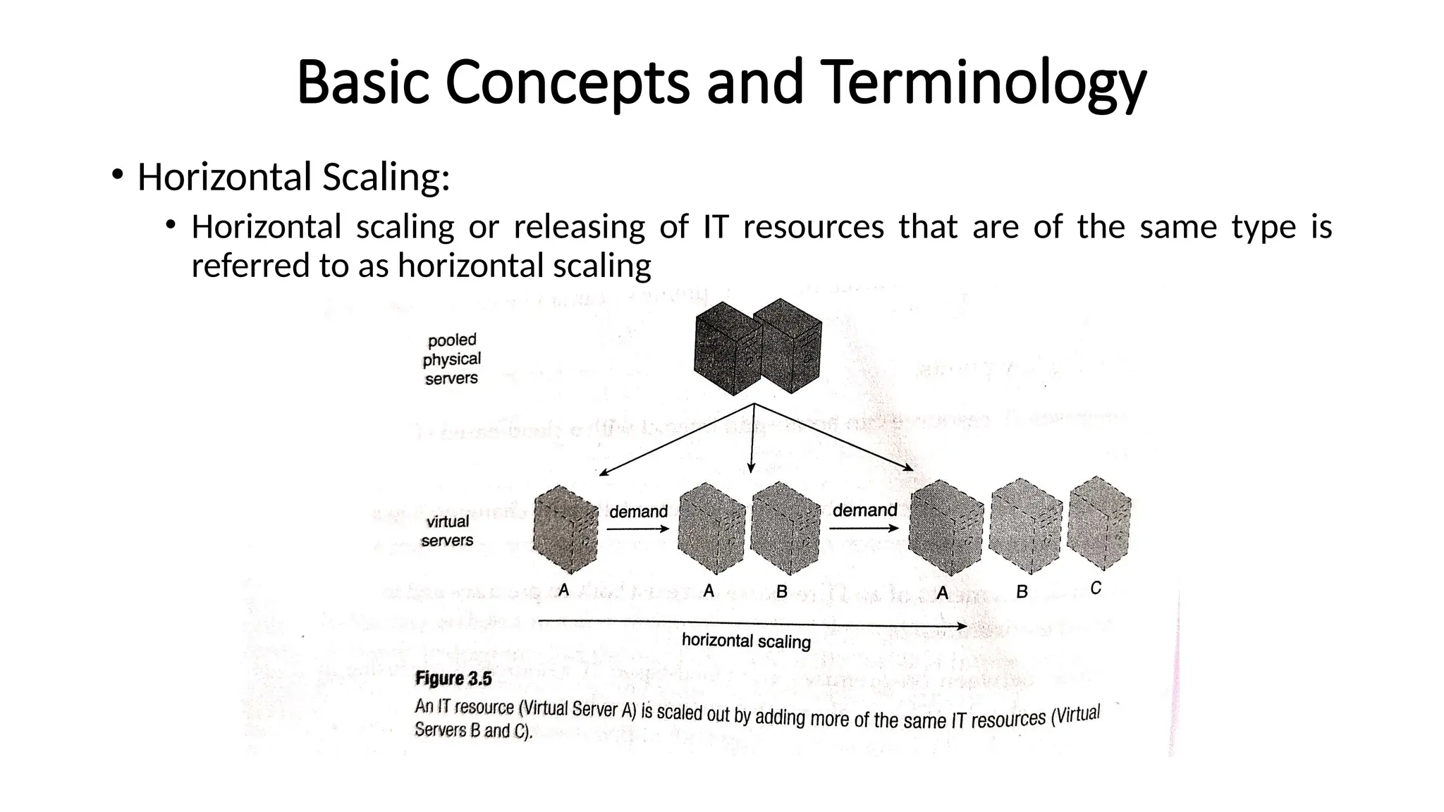 Basic Concepts and Terminology
• Horizontal Scaling:
• Horizontal scaling or releasing of IT resources that are of the same type is
referred to as horizontal scaling
 