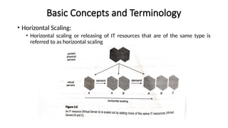 Basic Concepts and Terminology
• Horizontal Scaling:
• Horizontal scaling or releasing of IT resources that are of the same type is
referred to as horizontal scaling
 