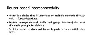 Router-based Interconnectivity
• Router is a device that is Connected to multiple networks through
which it forwards packets.
• Routers manage network traffic and gauge (Measure) the most
efficient hop for packet delivery.
• Depicted router receives and forwards packets from multiple data
flows.
 