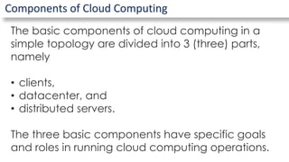 Components of Cloud Computing
The basic components of cloud computing in a
simple topology are divided into 3 (three) parts,
namely
• clients,
• datacenter, and
• distributed servers.
The three basic components have specific goals
and roles in running cloud computing operations.
 
