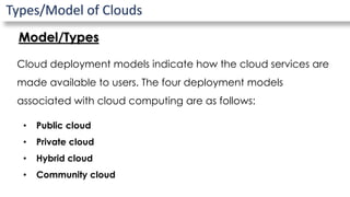 Types/Model of Clouds
Cloud deployment models indicate how the cloud services are
made available to users. The four deployment models
associated with cloud computing are as follows:
Model/Types
• Public cloud
• Private cloud
• Hybrid cloud
• Community cloud
 