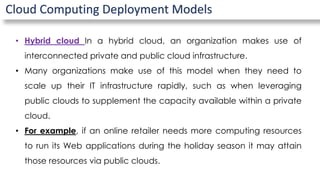 Cloud Computing Deployment Models
• Hybrid cloud In a hybrid cloud, an organization makes use of
interconnected private and public cloud infrastructure.
• Many organizations make use of this model when they need to
scale up their IT infrastructure rapidly, such as when leveraging
public clouds to supplement the capacity available within a private
cloud.
• For example, if an online retailer needs more computing resources
to run its Web applications during the holiday season it may attain
those resources via public clouds.
 