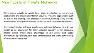 New Facets in Private Networks
Conventional private networks have been architected for on-premise
applications and maximum Internet security. Typically, applications such
as e-mail, file sharing, and enterprise resource planning (ERP) systems
are delivered to on-premise-based servers at each corporate data center.
Increasingly today, software vendors are offering Software as a Service
(SaaS) as an alternative for their software support to the corporate
offices, which brings more challenges in the access and usage
mechanisms of software from data center servers and in the connectivity
of network architectures.
 
