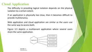 Cloud Application
The difficulty in providing logical isolation depends on the physical
isolation to a certain extent.
If an application is physically too close, then it becomes difficult to
provide multitenancy.
Web application and cloud application are similar as the users use
the same way to access both.
Figure 3.5 depicts a multitenant application where several users
share the same application.
 