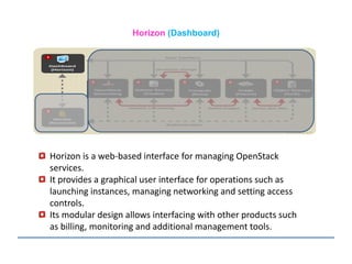 Horizon (Dashboard)
Horizon is a web-based interface for managing OpenStack
services.
It provides a graphical user interface for operations such as
launching instances, managing networking and setting access
controls.
Its modular design allows interfacing with other products such
as billing, monitoring and additional management tools.
 