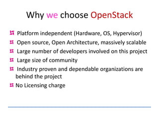 Why we choose OpenStack
Platform independent (Hardware, OS, Hypervisor)
Open source, Open Architecture, massively scalable
Large number of developers involved on this project
Large size of community
Industry proven and dependable organizations are
behind the project
No Licensing charge
 