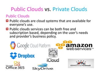 Public Clouds vs. Private Clouds
Public Clouds
Public clouds are cloud systems that are available for
everyone’s use.
Public clouds services can be both free and
subscription based, depending on the user’s needs
and provider’s business policy.
 