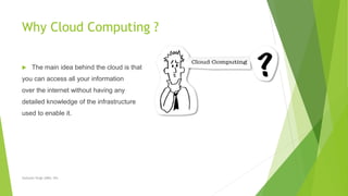 Why Cloud Computing ?
 The main idea behind the cloud is that
you can access all your information
over the internet without having any
detailed knowledge of the infrastructure
used to enable it.
Sarbjeet Singh (DBU, 05)
 