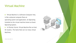 Virtual Machine
 Virtual Machine is a Software Computer that,
is like a physical computer Runs an
operating system and application. An Operating
Installed on the virtual machine known as Guest
Operating System.
 In VCenter Server, Virtual Machine Run an host
Or clusters. The Same Host can run many virtual
Machines.
Sarbjeet Singh (DBU, 05)
 