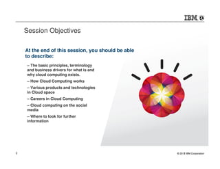 Session Objectives

    At the end of this session, you should be able
    to describe:
    – The basic principles, terminology
    and business drivers for what is and
    why cloud computing exists.
    – How Cloud Computing works
    – Various products and technologies
    in Cloud space
    – Careers in Cloud Computing
    – Cloud computing on the social
    media
    – Where to look for further
    information




2                                                    © 2012 IBM Corporation
                                                       2011
 
