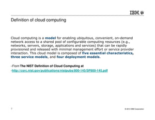 Definition of cloud computing



Cloud computing is a model for enabling ubiquitous, convenient, on-demand
network access to a shared pool of configurable computing resources (e.g.,
networks, servers, storage, applications and services) that can be rapidly
provisioned and released with minimal management effort or service provider
interaction. This cloud model is composed of five essential characteristics,
three service models, and four deployment models.

-From The NIST Definition of Cloud Computing at
-http://csrc.nist.gov/publications/nistpubs/800-145/SP800-145.pdf




7                                                                     © 2012 IBM Corporation
 