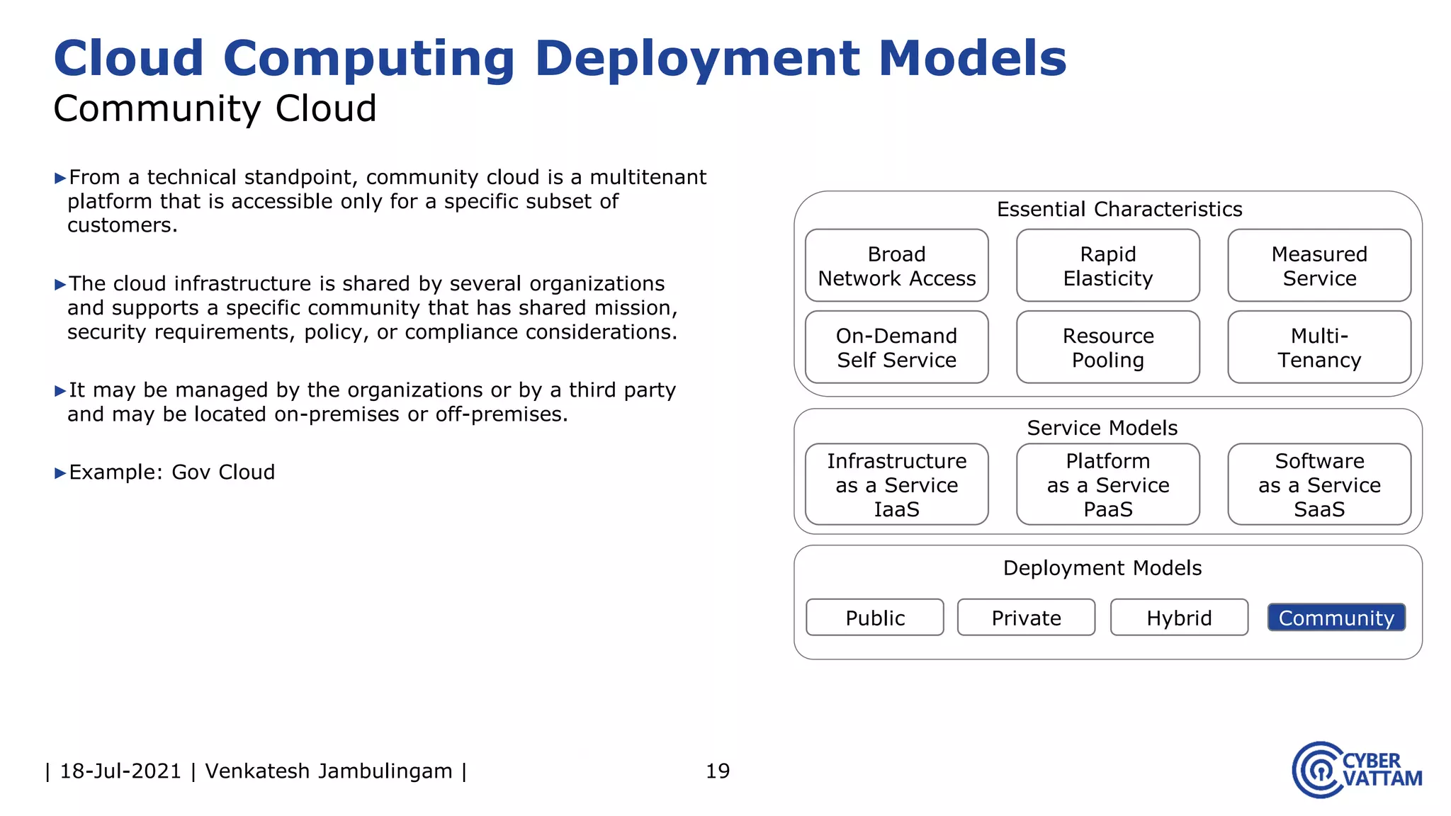 | 18-Jul-2021 | Venkatesh Jambulingam |
▶From a technical standpoint, community cloud is a multitenant
platform that is accessible only for a specific subset of
customers.
▶The cloud infrastructure is shared by several organizations
and supports a specific community that has shared mission,
security requirements, policy, or compliance considerations.
▶It may be managed by the organizations or by a third party
and may be located on-premises or off-premises.
▶Example: Gov Cloud
19
Cloud Computing Deployment Models
Community Cloud
Infrastructure
as a Service
IaaS
Rapid
Elasticity
Measured
Service
On-Demand
Self Service
Resource
Pooling
Multi-
Tenancy
Platform
as a Service
PaaS
Software
as a Service
SaaS
Public Private Hybrid Community
Essential Characteristics
Service Models
Deployment Models
Broad
Network Access
 
