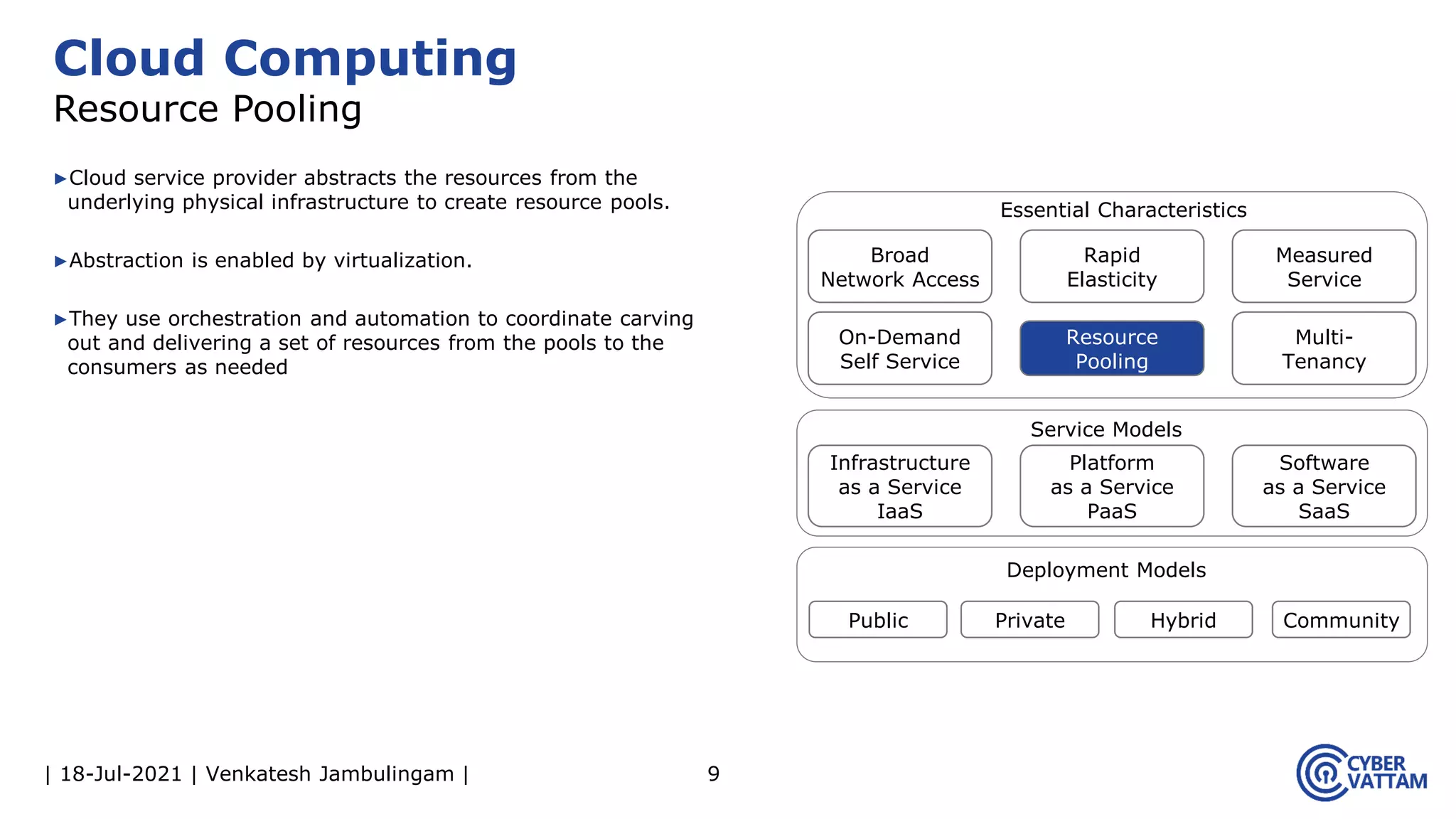 | 18-Jul-2021 | Venkatesh Jambulingam |
▶Cloud service provider abstracts the resources from the
underlying physical infrastructure to create resource pools.
▶Abstraction is enabled by virtualization.
▶They use orchestration and automation to coordinate carving
out and delivering a set of resources from the pools to the
consumers as needed
9
Cloud Computing
Resource Pooling
Infrastructure
as a Service
IaaS
Rapid
Elasticity
Measured
Service
On-Demand
Self Service
Resource
Pooling
Multi-
Tenancy
Platform
as a Service
PaaS
Software
as a Service
SaaS
Public Private Hybrid Community
Essential Characteristics
Service Models
Deployment Models
Broad
Network Access
 