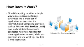 How Does it Work?
• Cloud Computing provides a simple
way to access servers, storage,
databases and a broad set of
application services over the
Internet. Cloud Computing providers
such as Amazon Web Services (AWS)
own and maintain the network-
connected hardware required for
these application services, while you
provision and use what you need via
a web application.
Sanjay Sharma 10
 