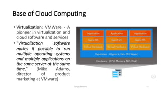 Base of Cloud Computing
• Virtualization: VMWare - A
pioneer in virtualization and
cloud software and services
• "Virtualization software
makes it possible to run
multiple operating systems
and multiple applications on
the same server at the same
time," (Mike Adams,
director of product
marketing at VMware)
Sanjay Sharma 11
 