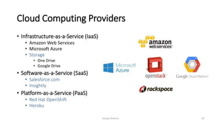 Cloud Computing Providers
• Infrastructure-as-a-Service (IaaS)
• Amazon Web Services
• Microsoft Azure
• Storage
• One Drive
• Google Drive
• Software-as-a-Service (SaaS)
• Salesforce.com
• Insightly
• Platform-as-a-Service (PaaS)
• Red Hat OpenShift
• Heroku
Sanjay Sharma 18
 