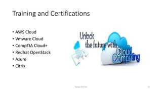 Training and Certifications
• AWS Cloud
• Vmware Cloud
• CompTIA Cloud+
• Redhat OpenStack
• Azure
• Citrix
Sanjay Sharma 22
 