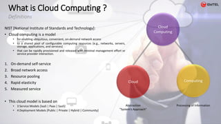 What is Cloud Computing ?
Definitions
NIST [National Institute of Standards and Technology]:
• Cloud computing is a model
• for enabling ubiquitous, convenient, on-demand network access
• to a shared pool of configurable computing resources (e.g., networks, servers,
storage, applications, and services)
• that can be rapidly provisioned and released with minimal management effort or
service provider interaction.
1. On-demand self-service
2. Broad network access
3. Resource pooling
4. Rapid elasticity
5. Measured service
• This cloud model is based on
• 3 Service Models [IaaS | Paas | SaaS]
• 4 Deployment Models [Public | Private | Hybrid | Community]
Cloud
Computing
Cloud
Abstraction
“System’s Approach”
Processing of Information
Computing
 